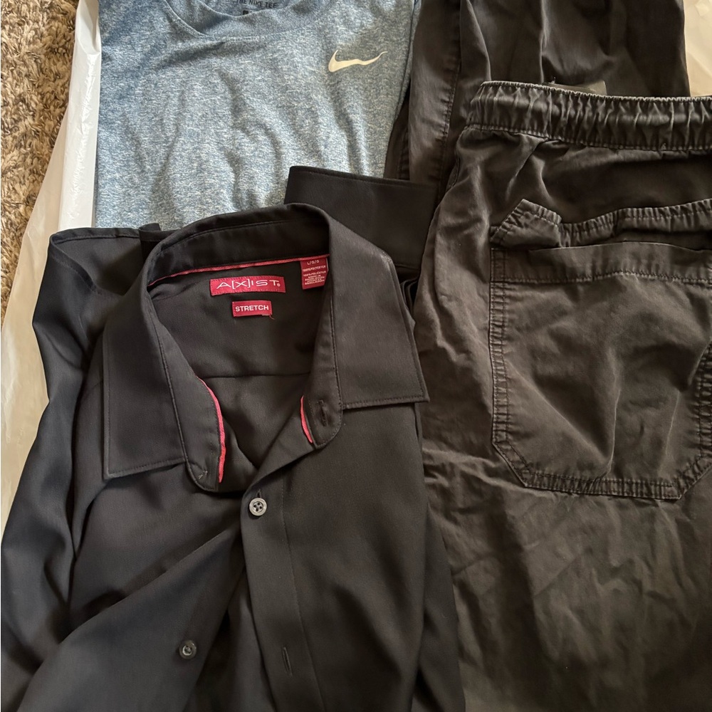 Men’s Size Large Clothing Bundle - 1 shirt, 1 pant, 1 dress shirt, 1 suit jacket